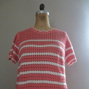 GAP Coral & White Scalloped Cotton Short Sleeve Sweater Top